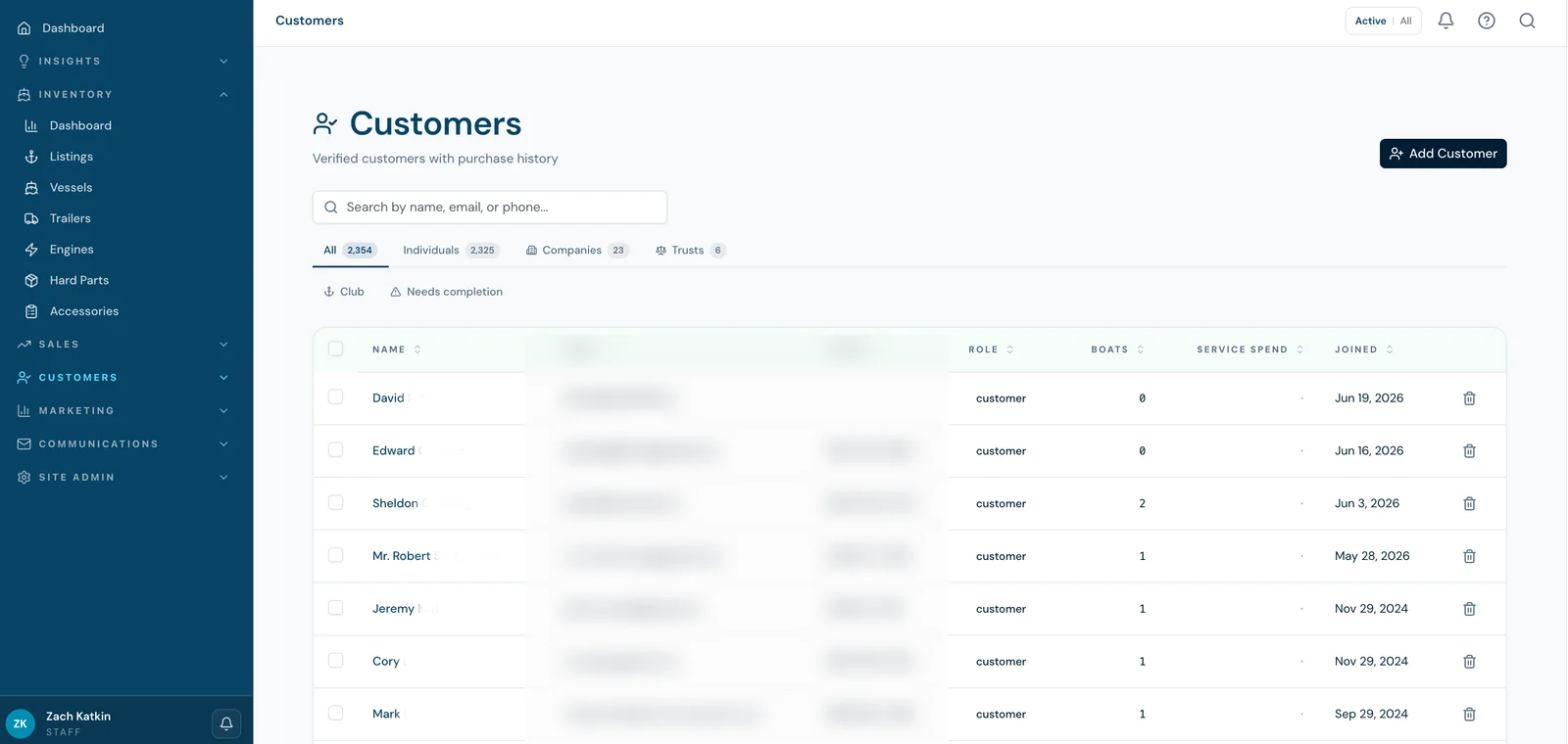 BoaterOS Customers view — verified customers with purchase history, boats owned, service spend, and join date
