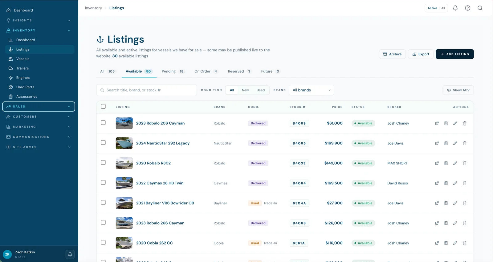 BoaterOS inventory dashboard — listings, brands, stock numbers, prices, and brokers in one view