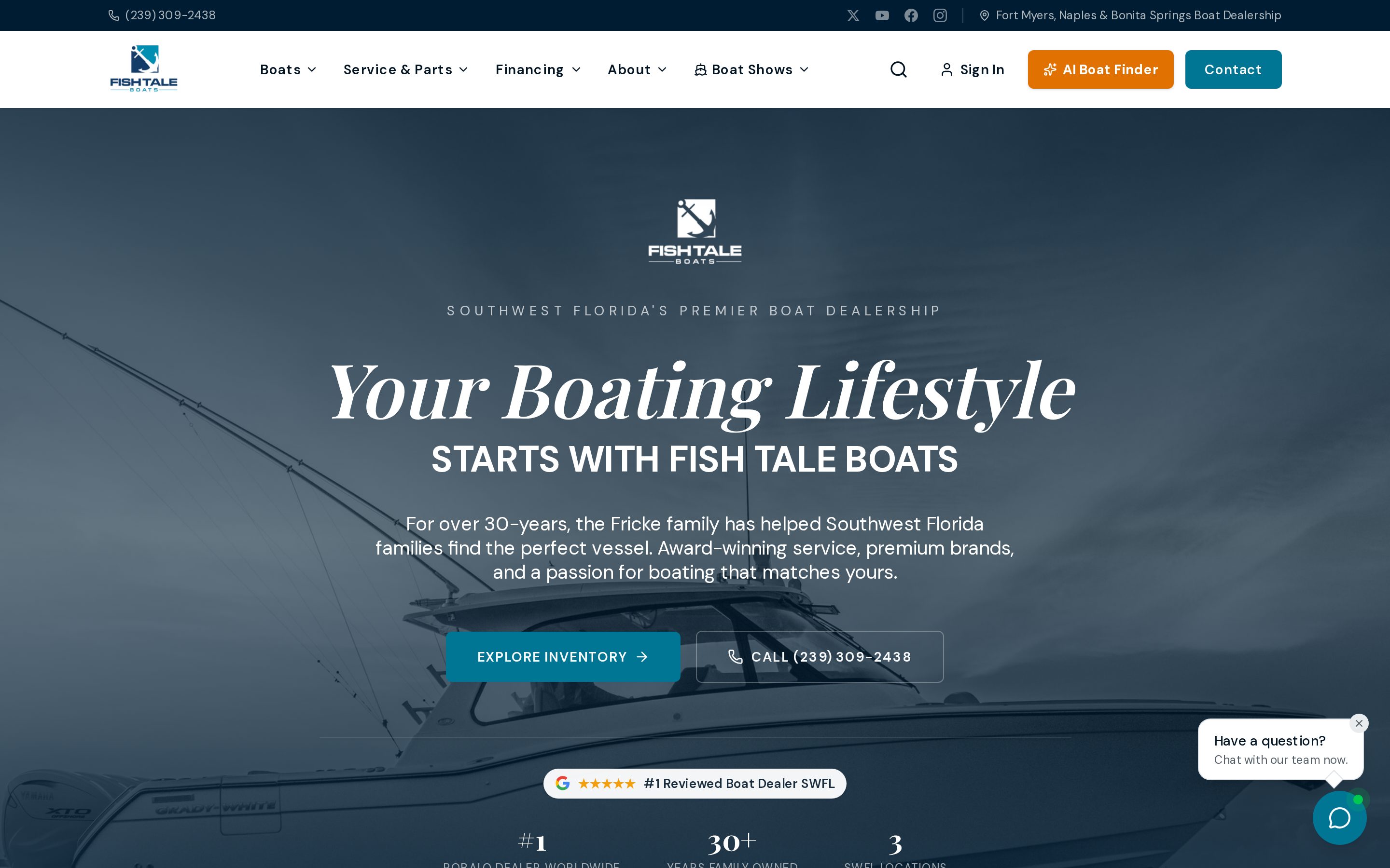Fish Tale Boats website on desktop, built on BoaterOS
