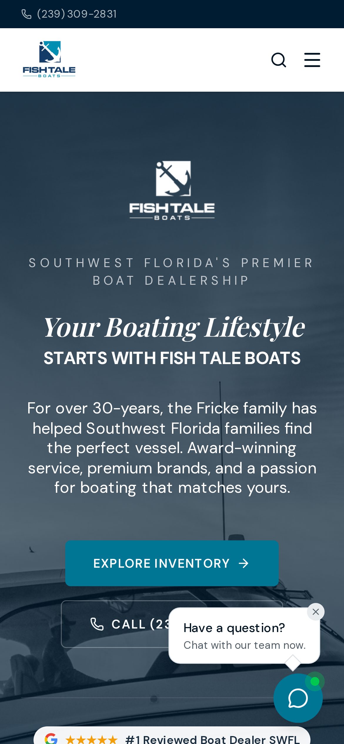 Fish Tale Boats website on mobile, built on BoaterOS