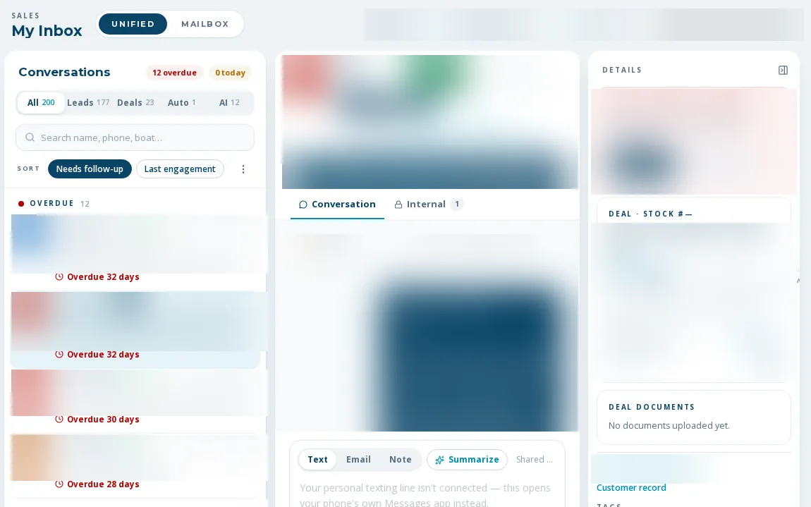 BoaterOS My Inbox: unified conversations list with overdue follow-ups, thread view and deal details (names, messages and contact details blurred)