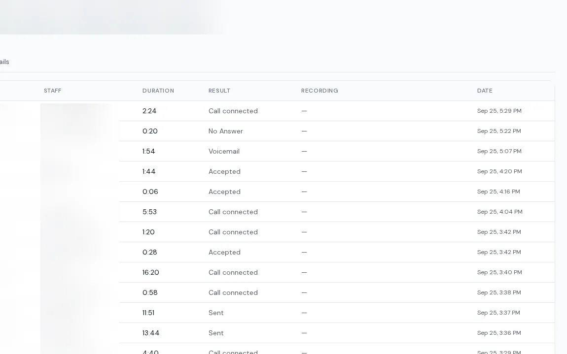 BoaterOS communication history: every call with duration, result, recording and time, across the whole dealership (staff and numbers blurred)