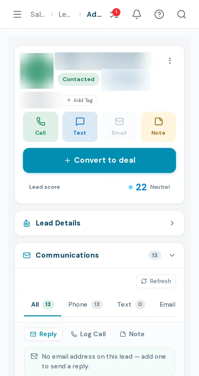 BoaterOS lead file on mobile: status, quick call, text, email and note actions, lead score and communications (name and rep blurred)