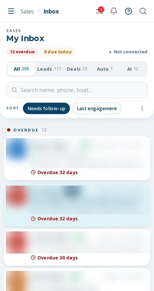 BoaterOS My Inbox on mobile: unified conversations sorted by needs follow-up with overdue flags (names and previews blurred)