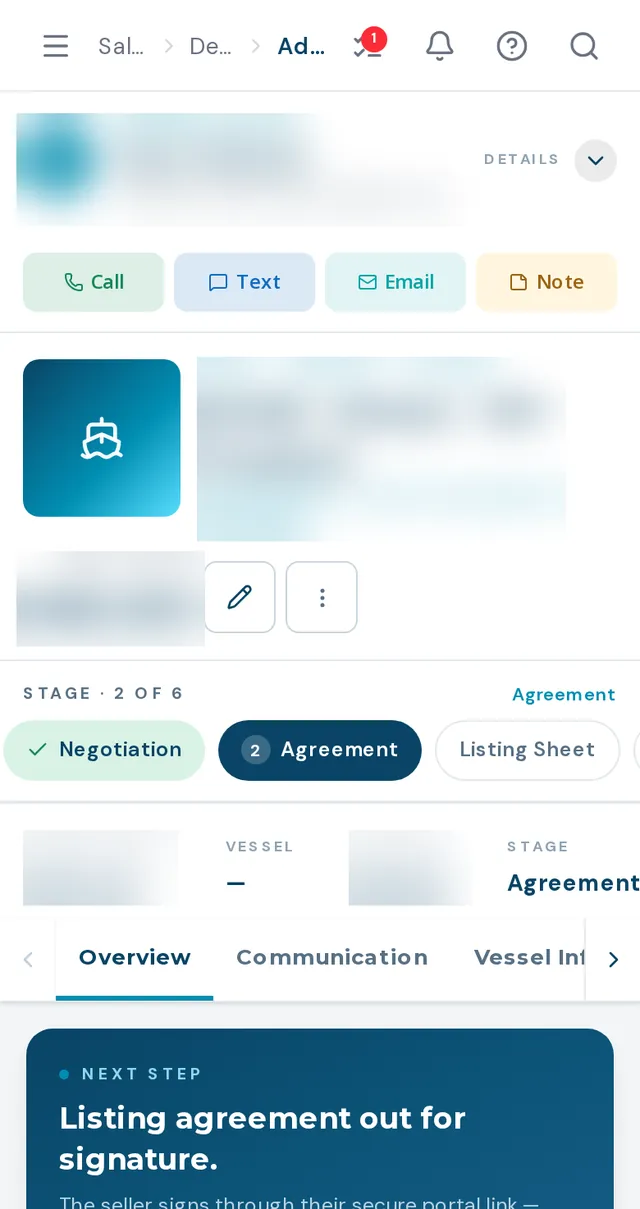 BoaterOS deal on mobile: stage tracker, next step and quick actions for a brokerage deal (seller, deal name and amounts blurred)